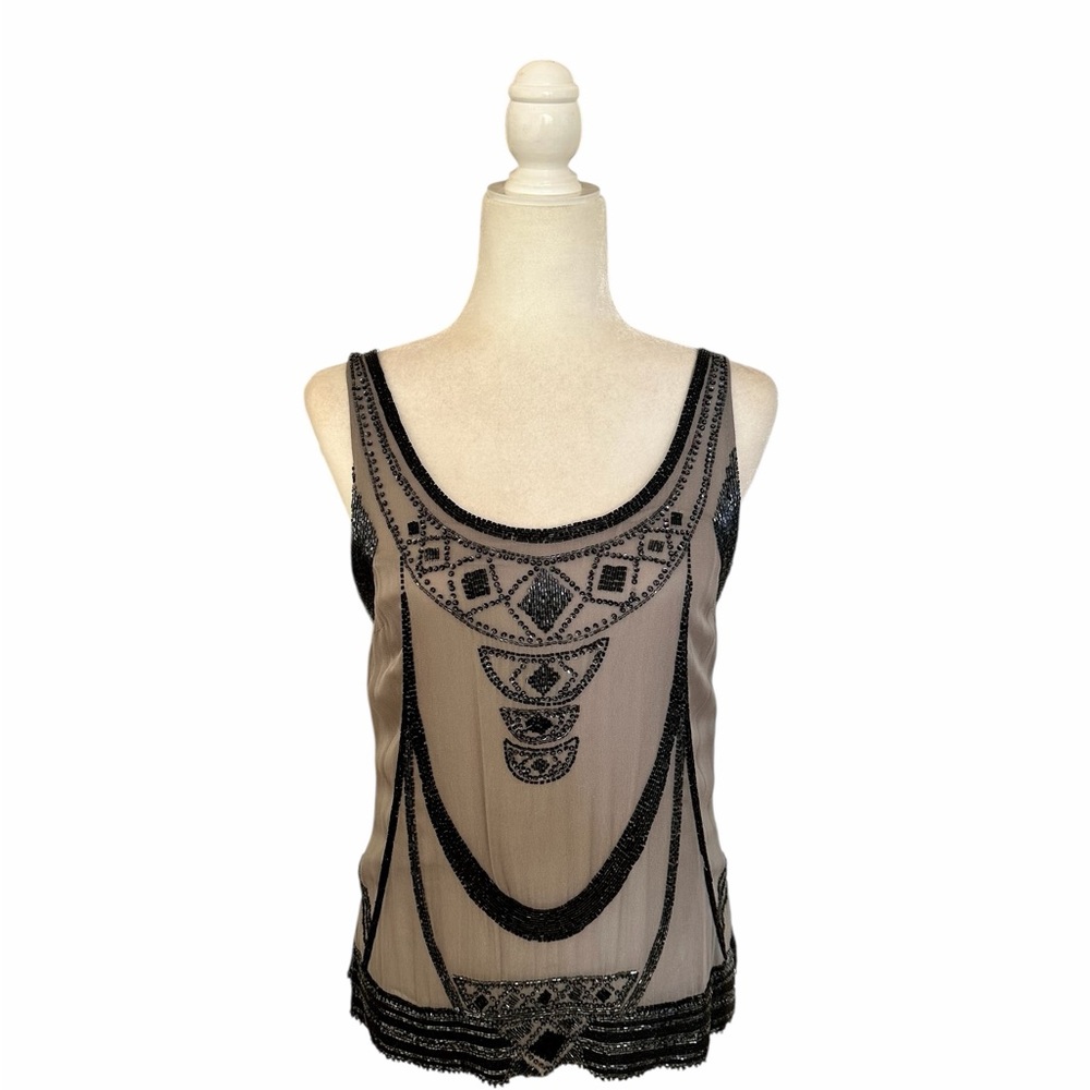 EUC Renzo + Kai Steel Gray Sleeveless Top with Black Embellishment Beading, sz S